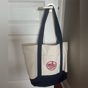 Trader Joe’s large canvas tote bag in cream and blue